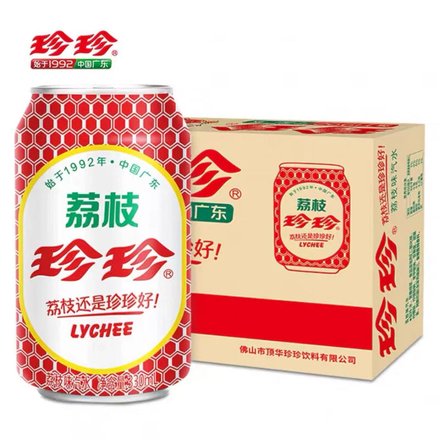 珍珍荔枝味汽水单罐与整箱包装展示，纸箱包装印有珍珍品牌标识。