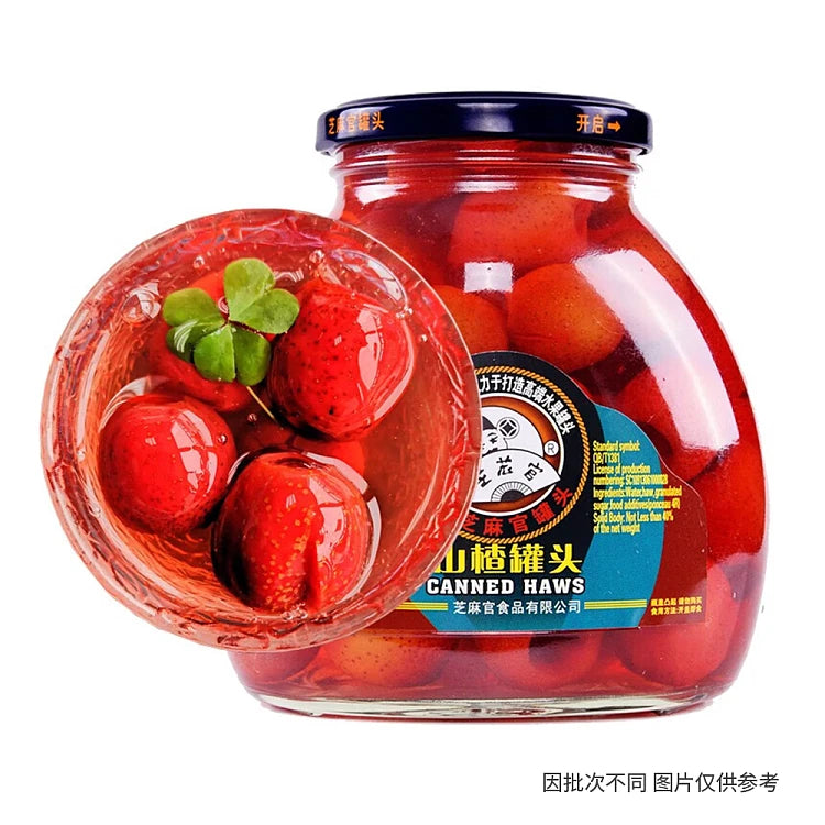 芝麻官开胃山楂水果罐头玻璃瓶装，红色果肉饱满诱人