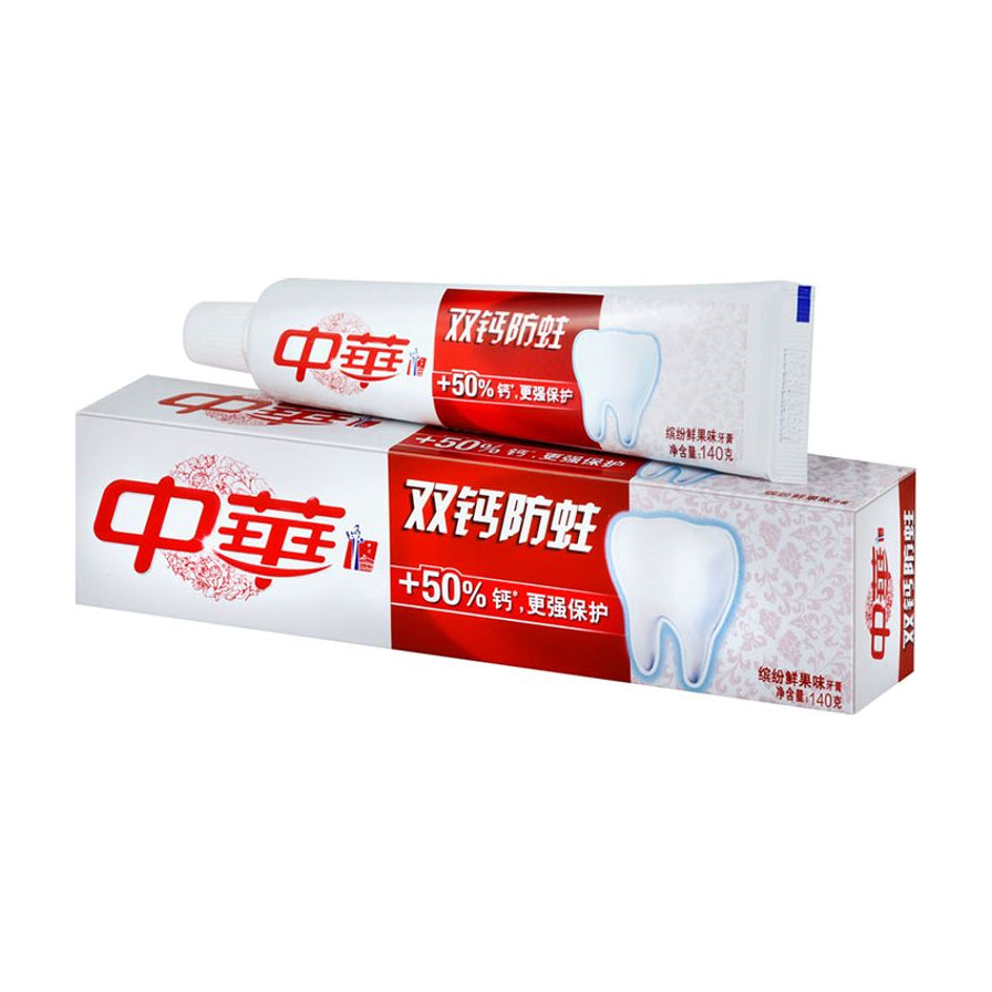 中华双钙防蛀牙膏140g，包含一支牙膏和外包装盒，红白配色包装，印有牙齿图案和50%钙加强保护字样。