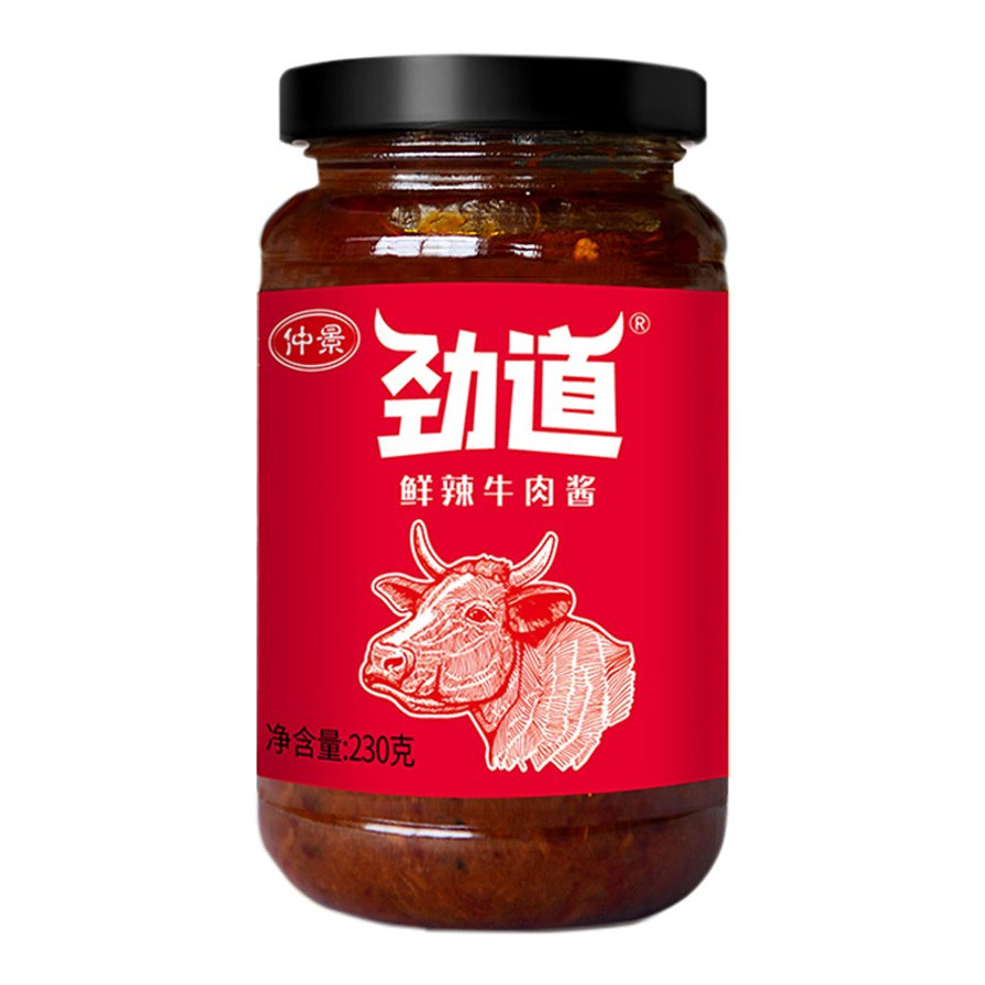 仲景劲道鲜辣牛肉酱230g瓶装，红色标签，正面印有牛头线描图和鲜辣牛肉酱字样。