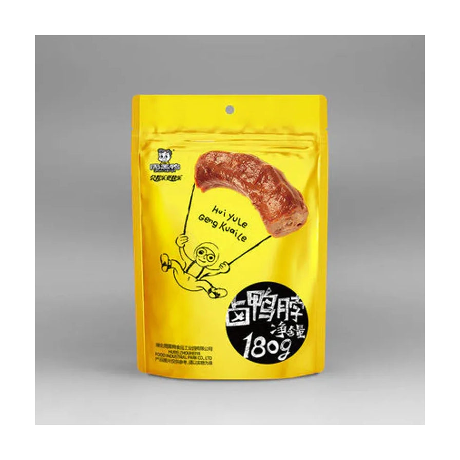 周黑鸭卤鸭脖黄色包装袋正面图，包装印有卡通图案及“卤鸭脖 净含量 180g”字样。