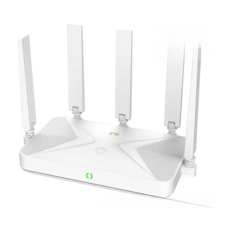 中兴巡天 BE5100 Pro+ WiFi 7 路由器白色机身，配有五根可调节天线，正面印有金色 ZTE 标识。