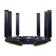 ZTE中兴问天BE7200 Pro+ WiFi 7路由器正面特写，黑色机甲风格外观，配有8根高增益天线和金色散热格栅。