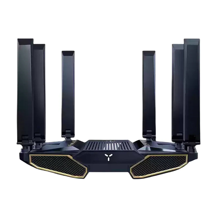 ZTE中兴问天BE7200 Pro+ WiFi 7路由器正面特写，黑色机甲风格外观，配有8根高增益天线和金色散热格栅。
