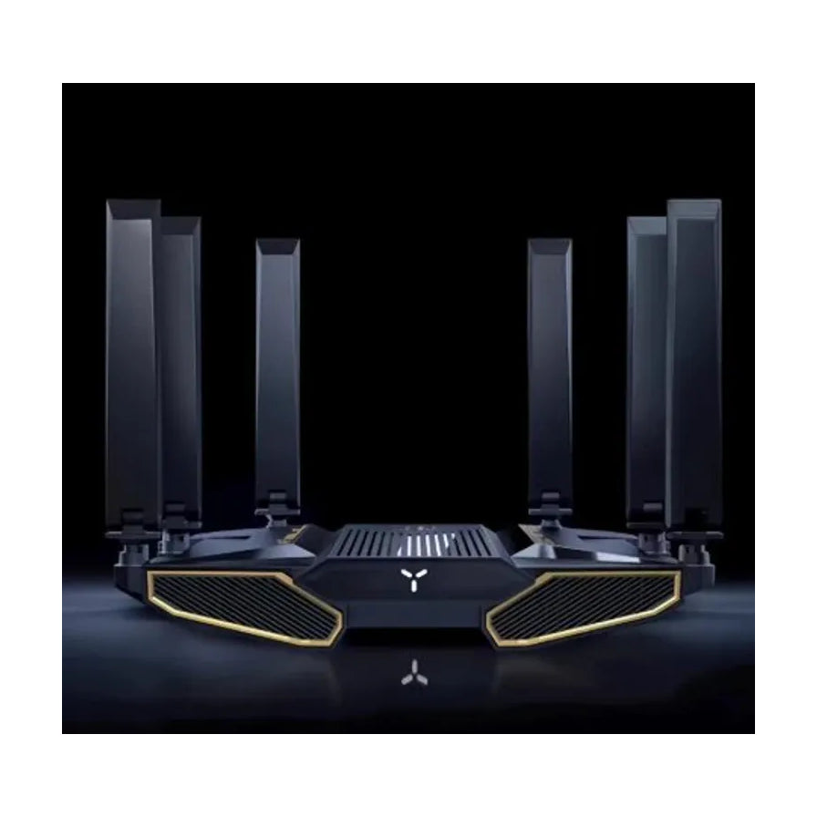 中兴问天BE7200 Pro+ WiFi 7路由器在深色背景下的渲染图，展示其科幻机甲设计与多天线布局。